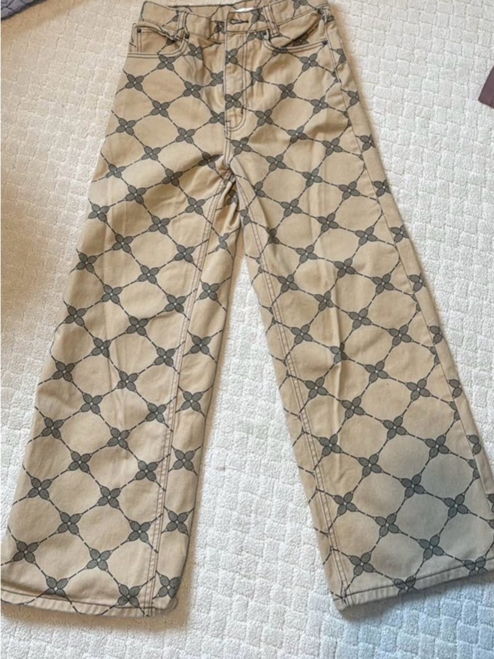 Beige Patterned Wide Leg Pants